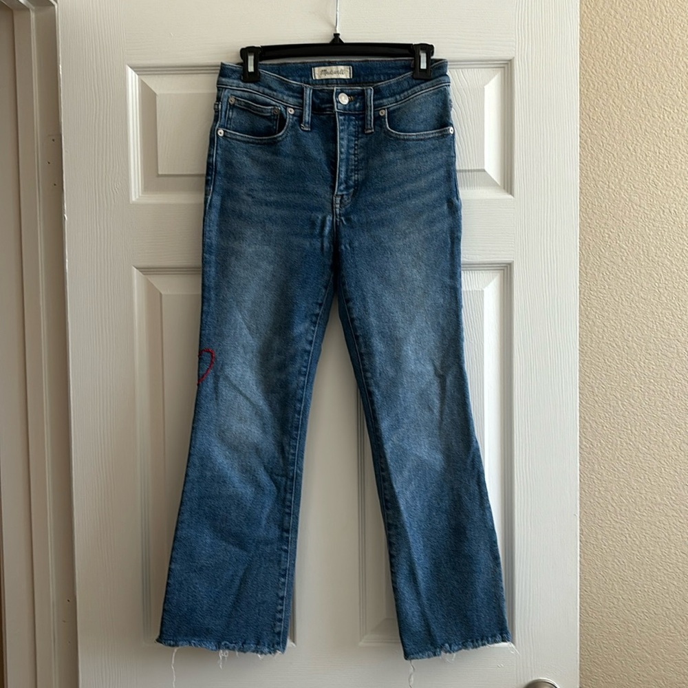 Madewell size 28 Cali Demi-Boot jeans with embroidered heart on side leg